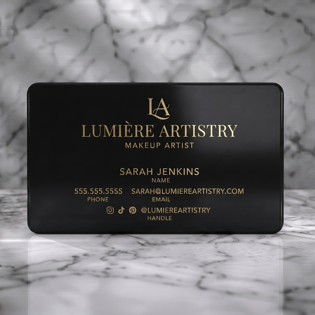 Solid white PVC business card featuring elegant gold typography, script monogram, and minimalist social media icons on a clean layout