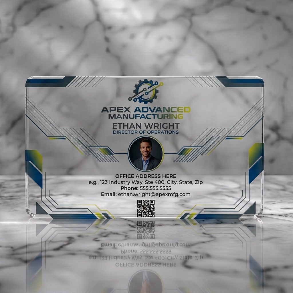 Clear plastic business card featuring geometric tech-industrial design, blue-yellow gradient accents, sans-serif typography, gear logo, and photo