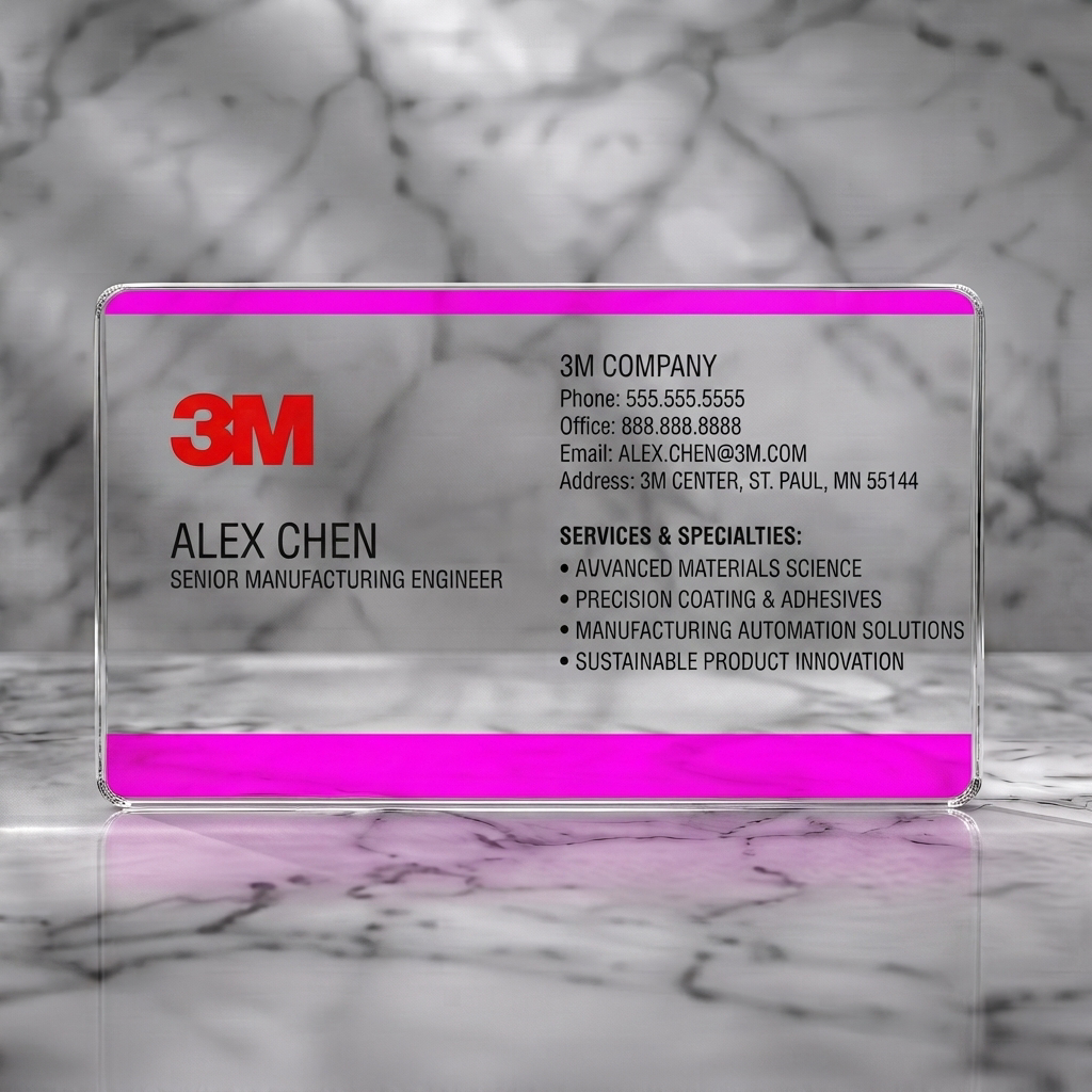 Clear plastic business card featuring clean, professional design with red 3M logo, sans-serif typography, and clear black text