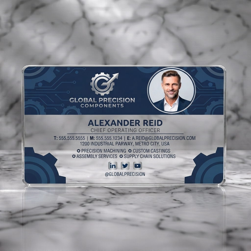 Clear plastic business card featuring modern dark blue tech-patterned top, white base, silver gear logo, pro photo, sans-serif text