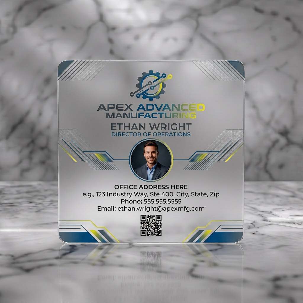 Frosted translucent plastic business card featuring geometric tech-industrial design, blue-yellow gradient accents, sans-serif typography, gear logo, and photo