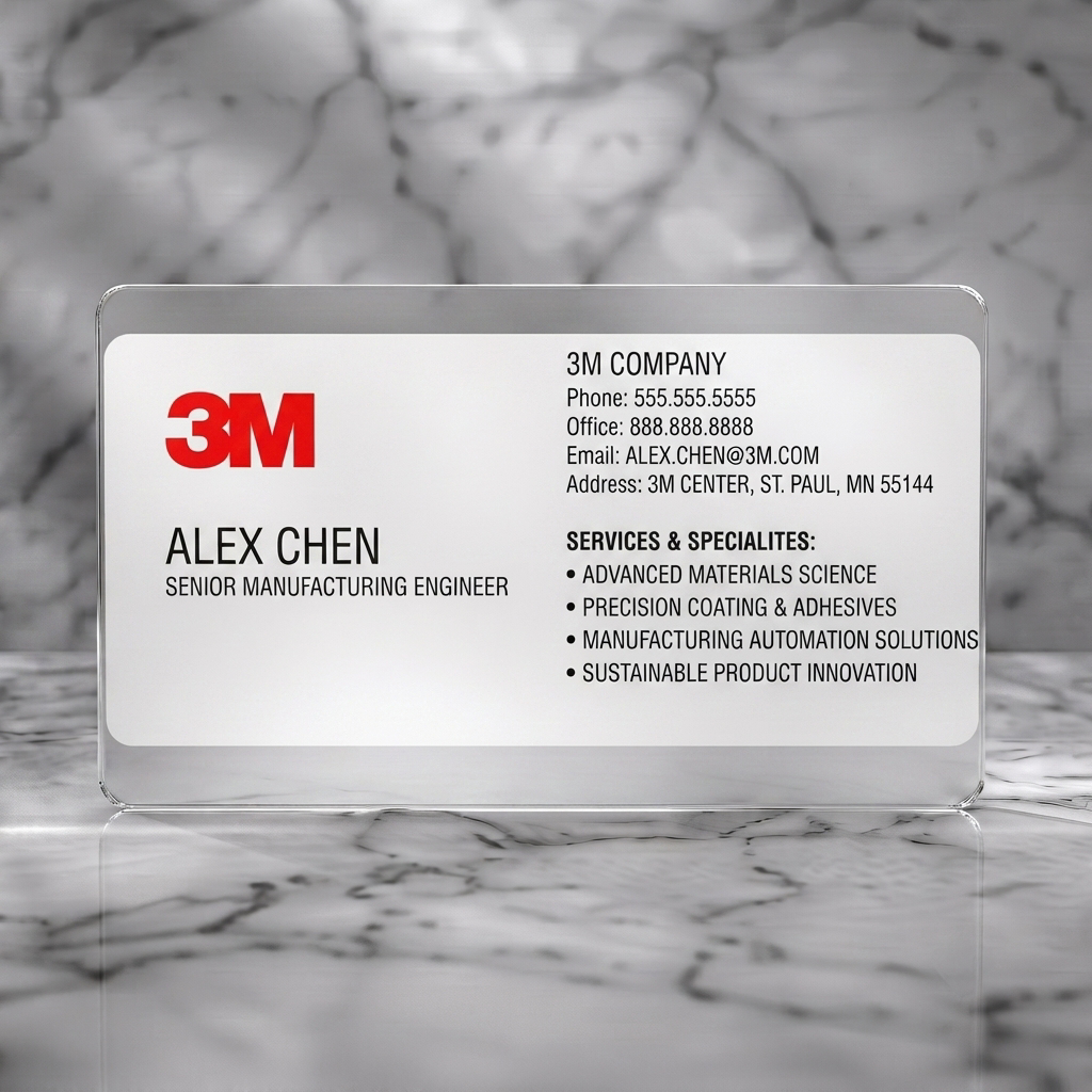 Frosted translucent plastic business card featuring clean, professional design with red 3M logo, sans-serif typography, and clear black text