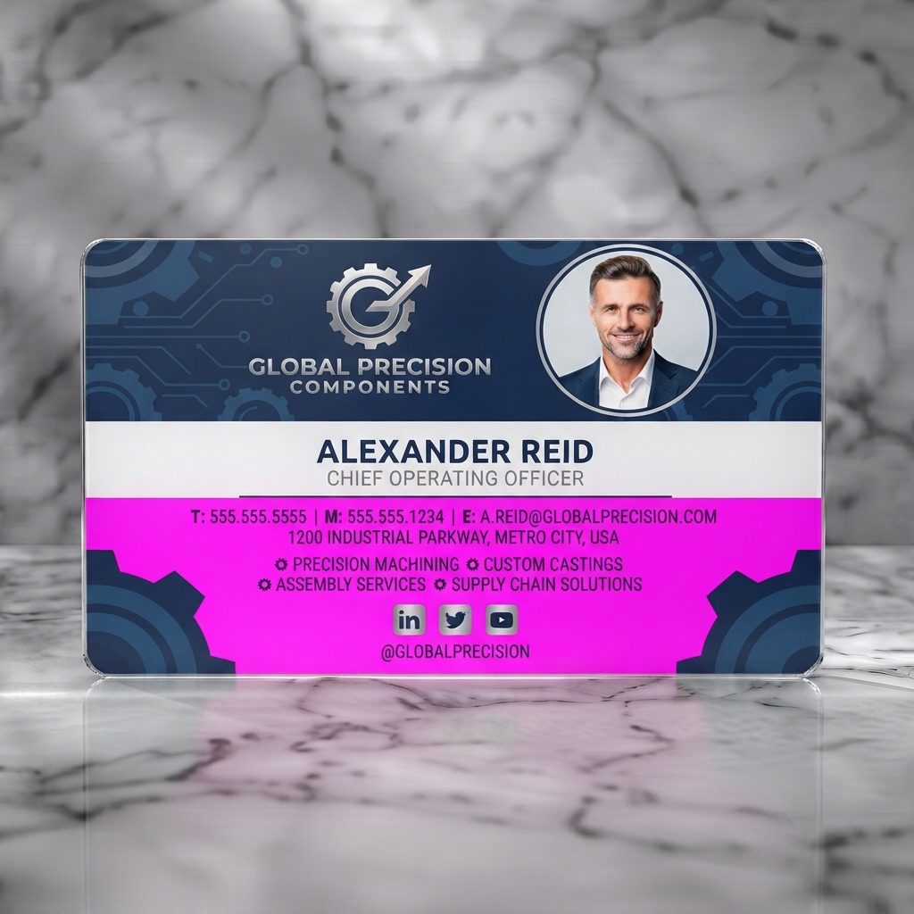 Frosted translucent plastic business card featuring modern dark blue tech-patterned top, white base, silver gear logo, pro photo, sans-serif text