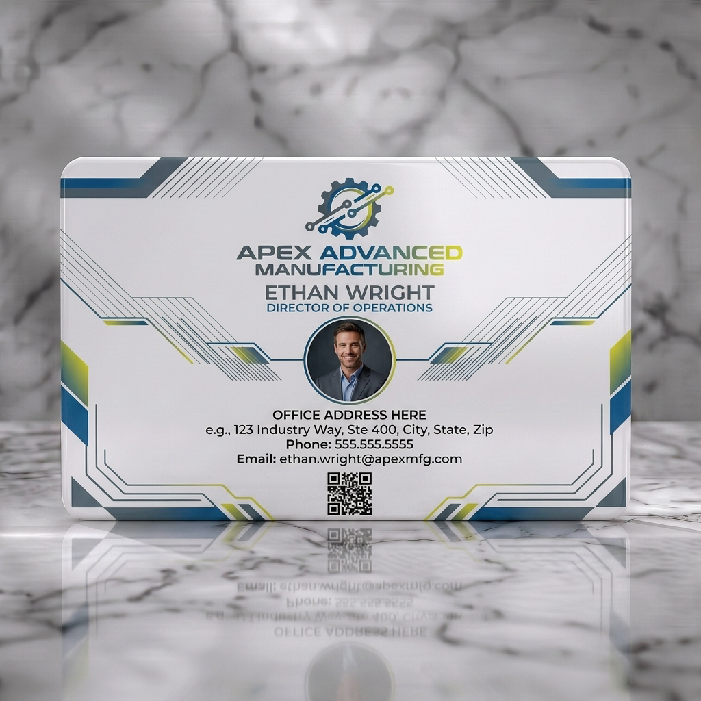 Solid white PVC business card featuring geometric tech-industrial design, blue-yellow gradient accents, sans-serif typography, gear logo, and photo
