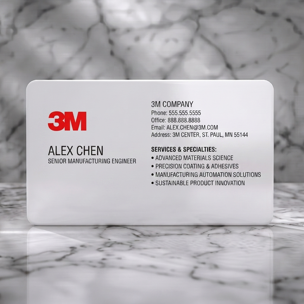 Solid white PVC business card featuring clean, professional design with red 3M logo, sans-serif typography, and clear black text