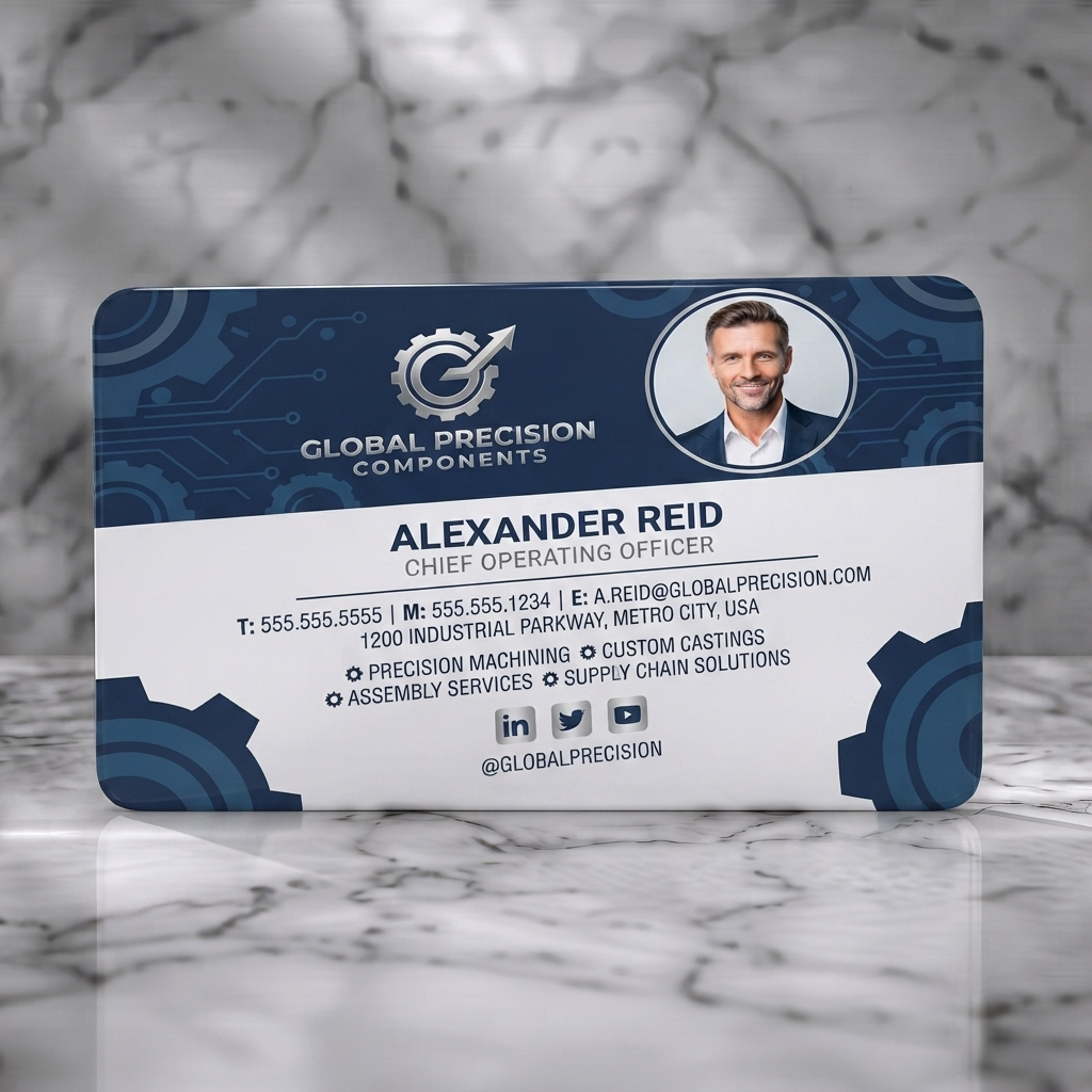 Solid white PVC business card featuring modern dark blue tech-patterned top, white base, silver gear logo, pro photo, sans-serif text