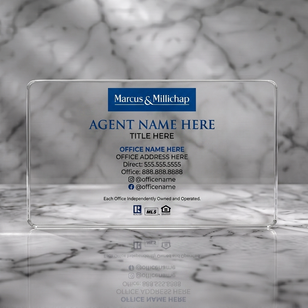 Clear plastic business card featuring marcus & Millichap branding, navy/white palette, elegant serif & modern sans-serif fonts, real estate icons