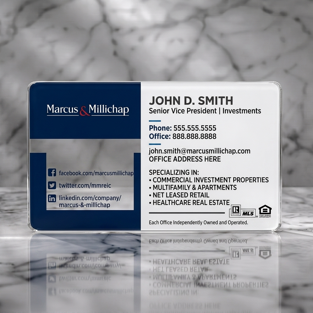 Clear plastic business card featuring a professional two-tone design in dark blue and white, featuring serif and sans-serif fonts with clear icons