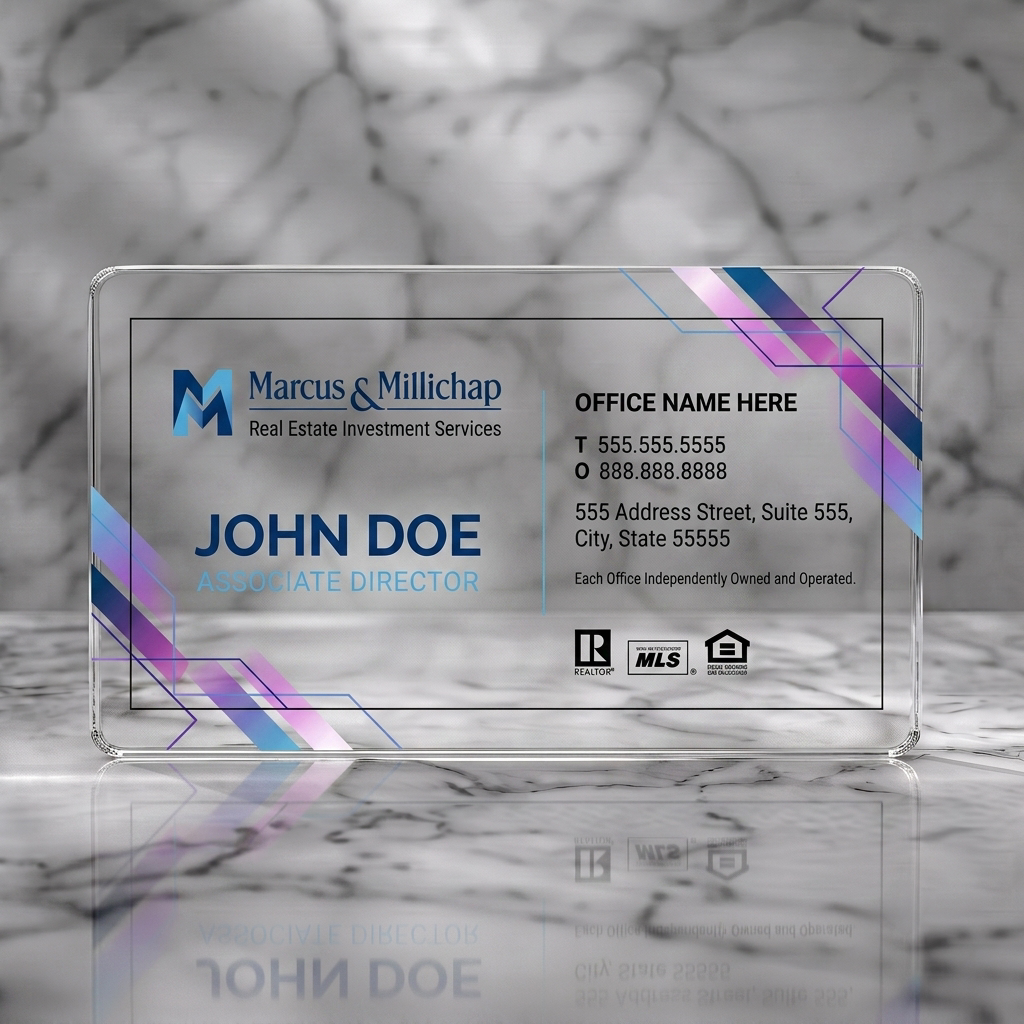 Clear plastic business card featuring a modern, vibrant gradient design with geometric accents, bold white typography, blue logo, and real estate icons