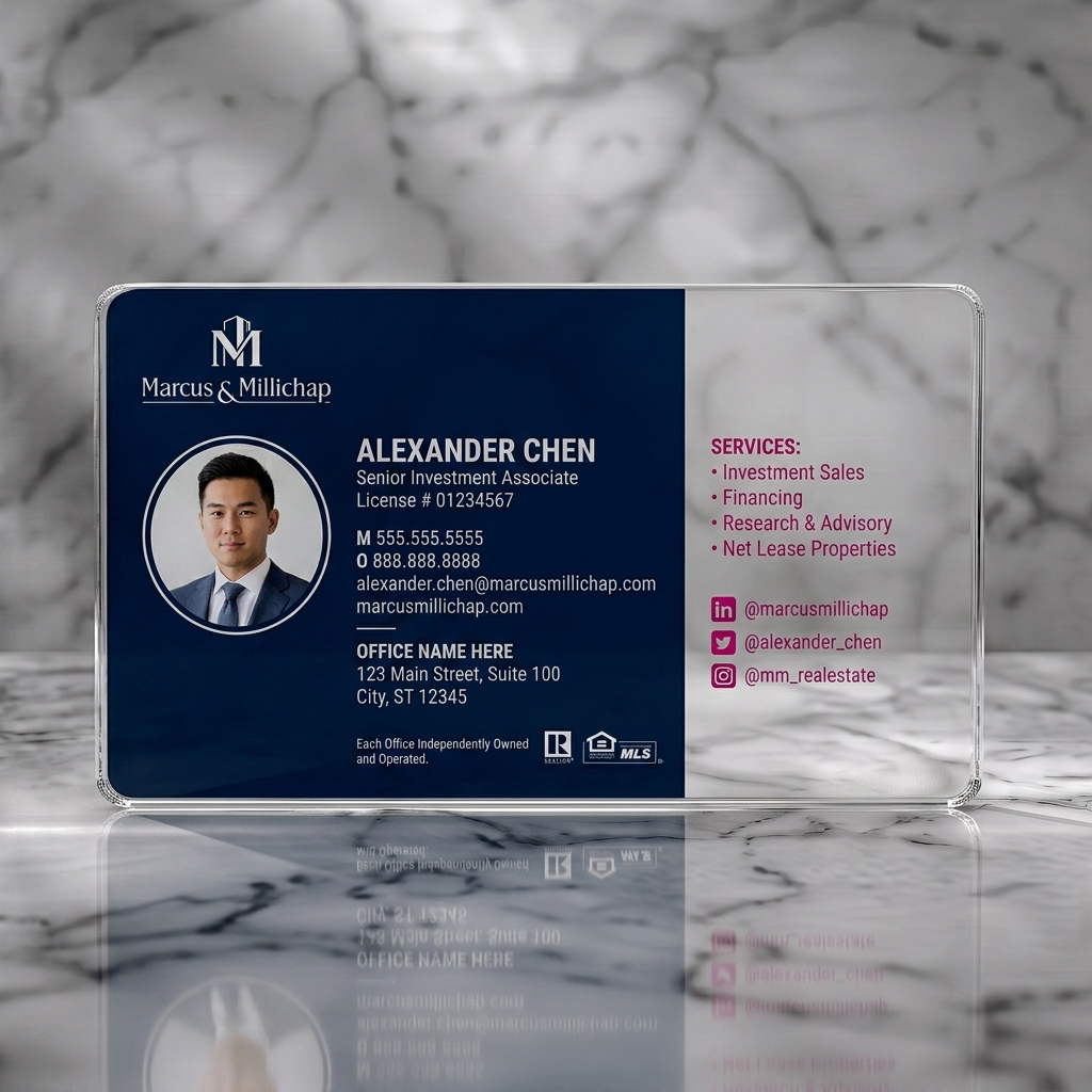Clear plastic business card featuring sleek navy blue design, white typography, M&M logo, photo, Realtor, MLS, and social media icons