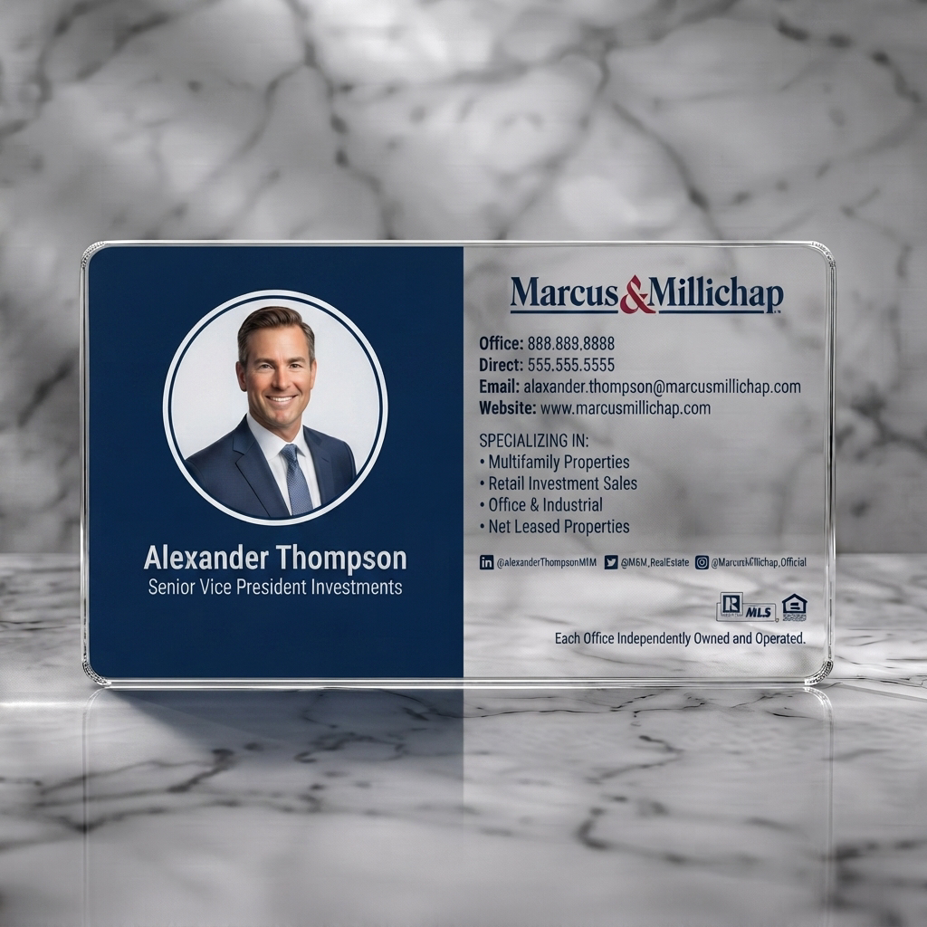 Clear plastic business card featuring professional dual-tone navy and white with headshot, serif/sans-serif fonts, and industry icons