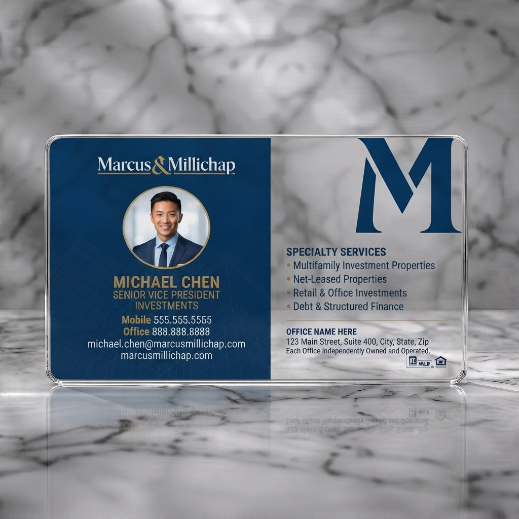 Clear plastic business card featuring a split-panel design with deep navy and white, gold accents, professional typography, and real estate icons