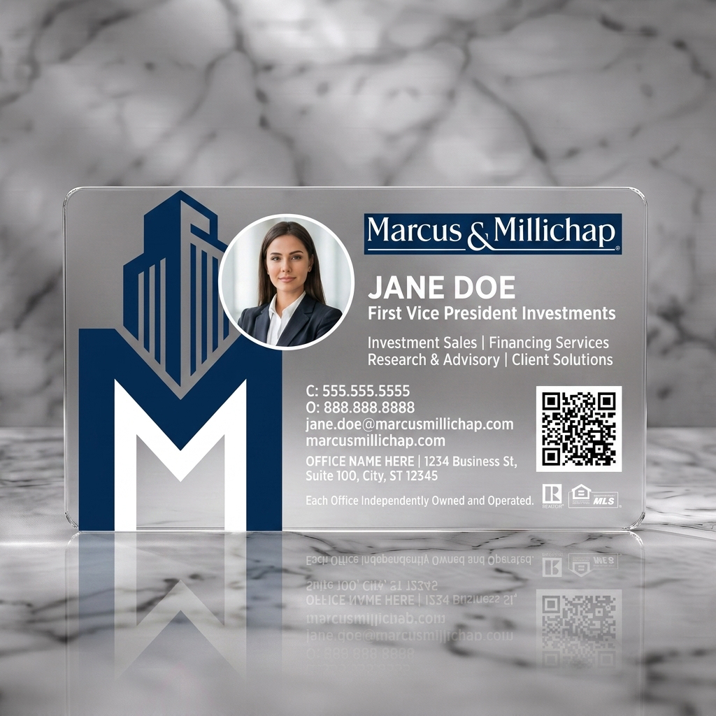 Frosted translucent plastic business card featuring professional design with a prominent M-building logo, photo, dark blue & white branding, QR code & industry icons