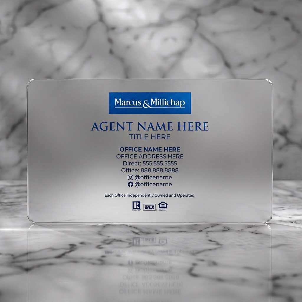 Frosted translucent plastic business card featuring marcus & Millichap branding, navy/white palette, elegant serif & modern sans-serif fonts, real estate icons