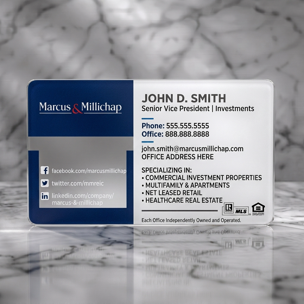 Frosted translucent plastic business card featuring a professional two-tone design in dark blue and white, featuring serif and sans-serif fonts with clear icons
