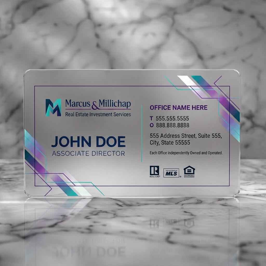 Frosted translucent plastic business card featuring a modern, vibrant gradient design with geometric accents, bold white typography, blue logo, and real estate icons