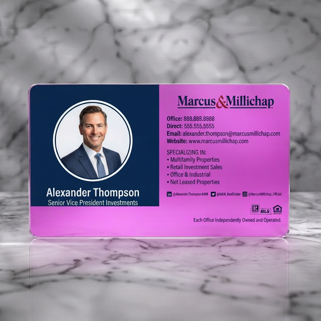 Frosted translucent plastic business card featuring professional dual-tone navy and white with headshot, serif/sans-serif fonts, and industry icons