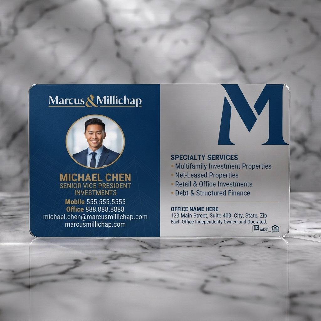 Frosted translucent plastic business card featuring a split-panel design with deep navy and white, gold accents, professional typography, and real estate icons