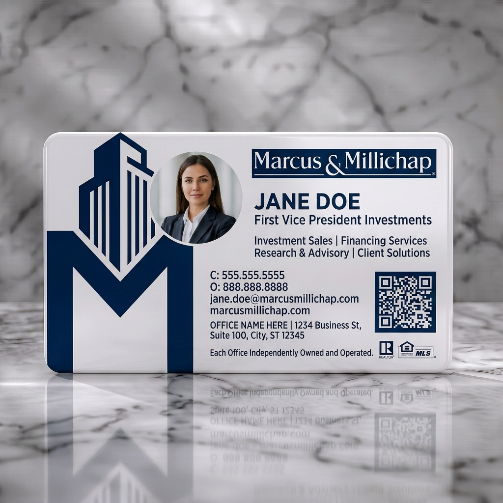 Solid white PVC business card featuring professional design with a prominent M-building logo, photo, dark blue & white branding, QR code & industry icons