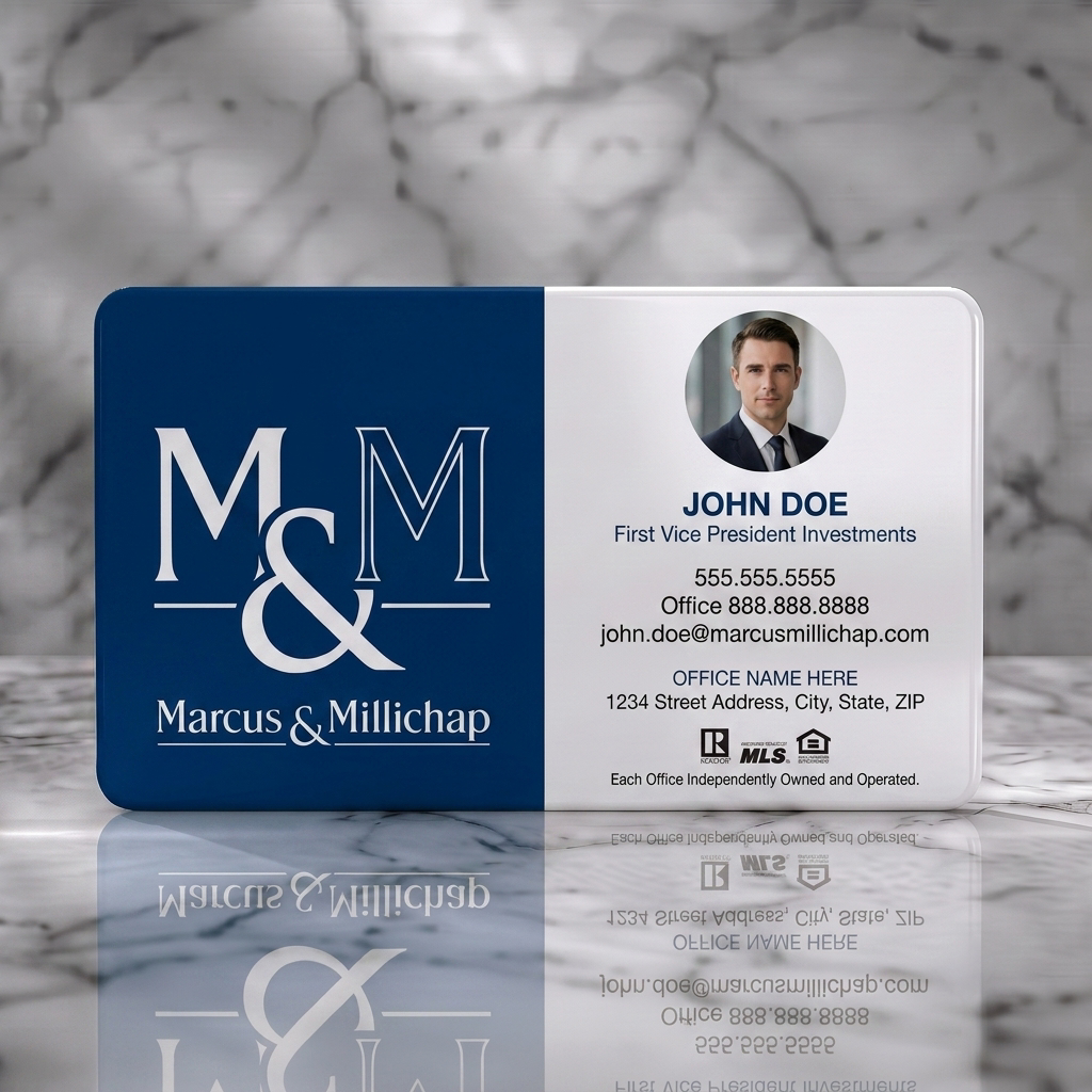Solid white PVC business card featuring a professional navy and white design with elegant typography, a photo, and real estate icons