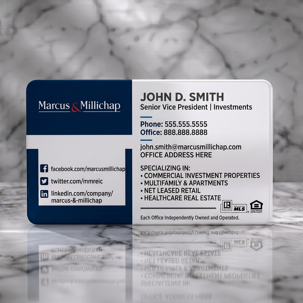 Solid white PVC business card featuring a professional two-tone design in dark blue and white, featuring serif and sans-serif fonts with clear icons