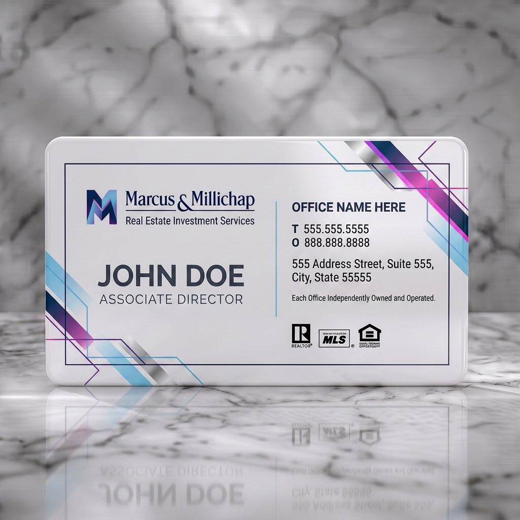 Solid white PVC business card featuring a modern, vibrant gradient design with geometric accents, bold white typography, blue logo, and real estate icons