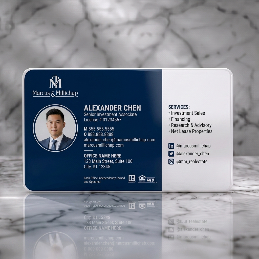Solid white PVC business card featuring sleek navy blue design, white typography, M&M logo, photo, Realtor, MLS, and social media icons