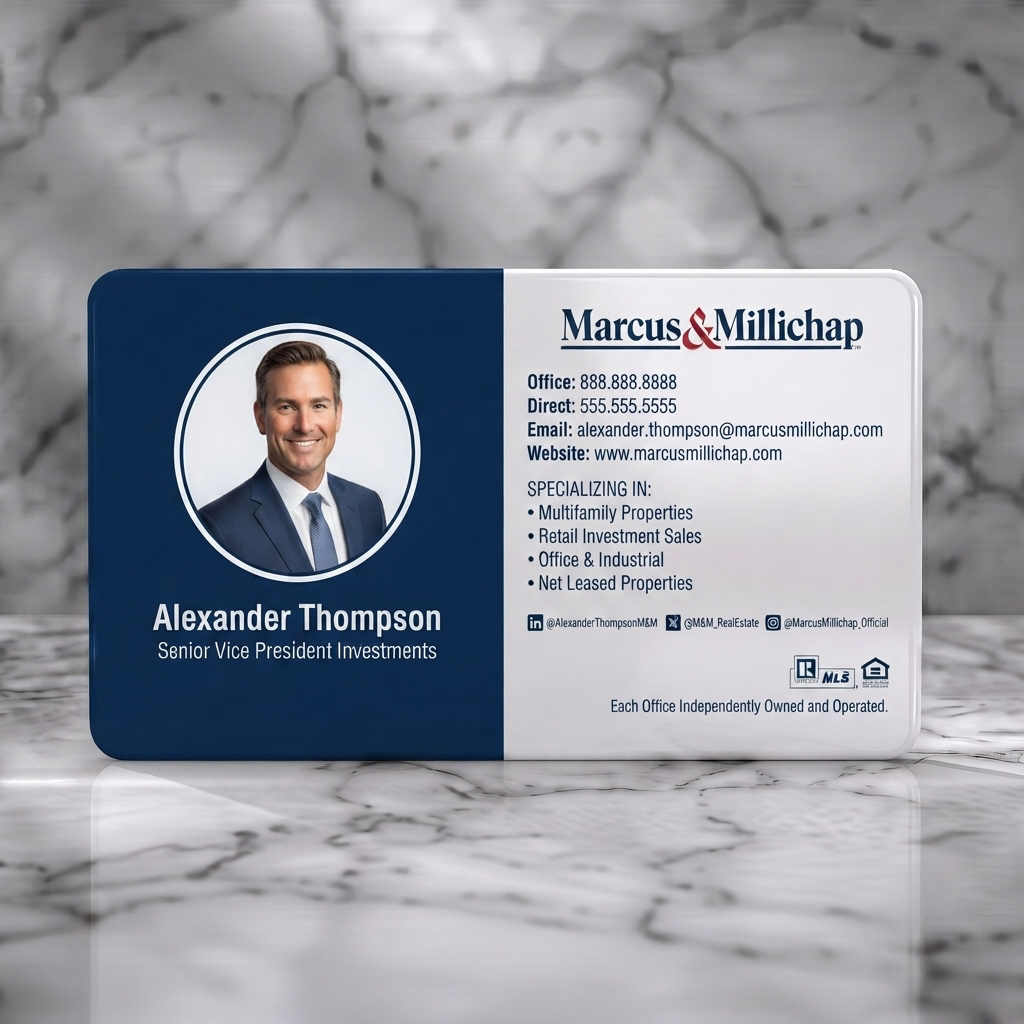 Solid white PVC business card featuring professional dual-tone navy and white with headshot, serif/sans-serif fonts, and industry icons