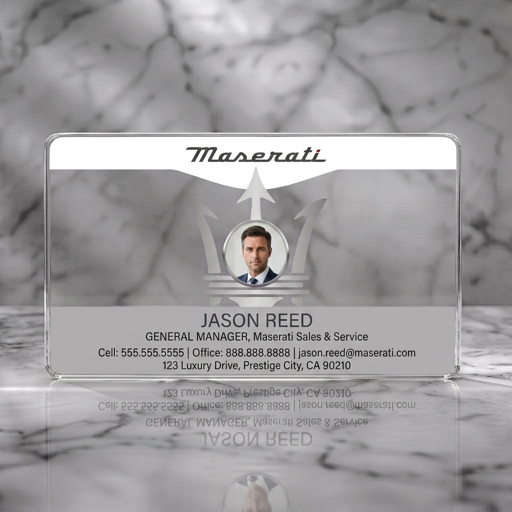 Clear plastic business card featuring maserati trident icon framing a professional headshot, brand logo, and modern typography on a crisp layout