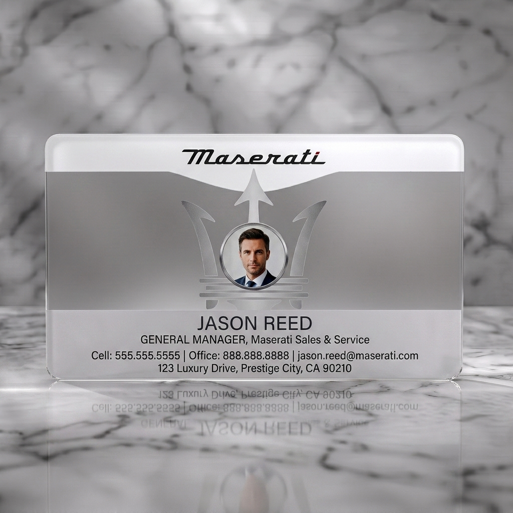 Frosted translucent plastic business card featuring maserati trident icon framing a professional headshot, brand logo, and modern typography on a crisp layout