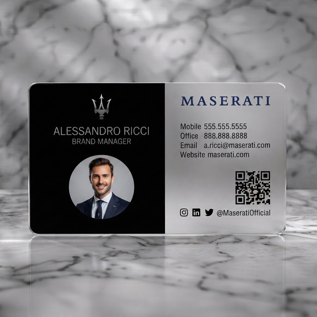 Frosted translucent plastic business card featuring a minimalist black/white split-panel design featuring silver Maserati logo, dark blue typography, photo, and social icons