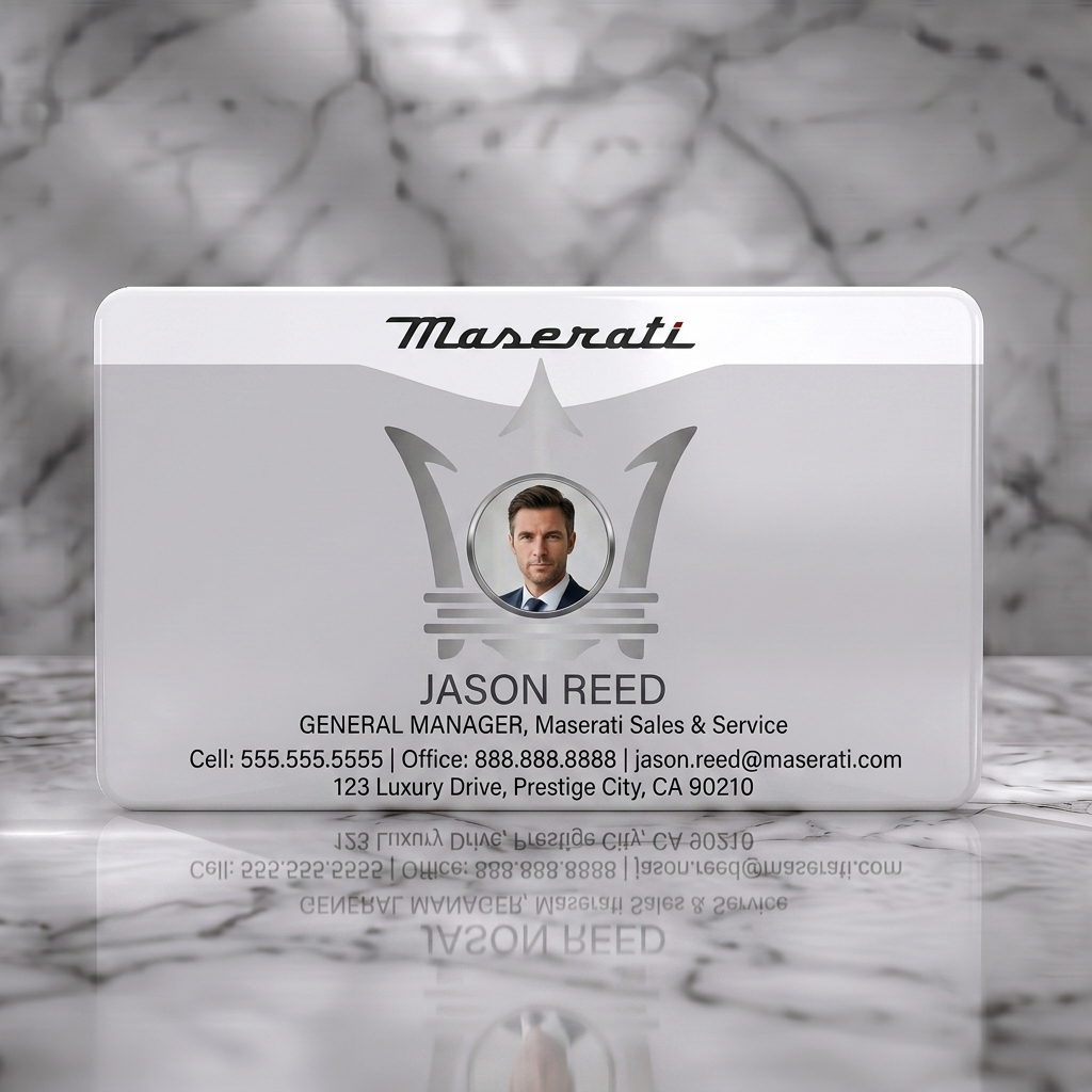 Solid white PVC business card featuring maserati trident icon framing a professional headshot, brand logo, and modern typography on a crisp layout