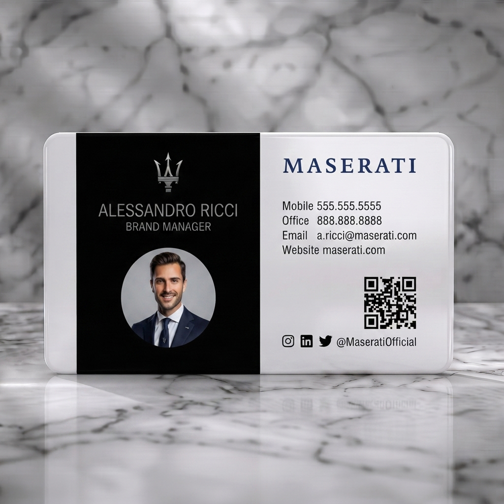 Solid white PVC business card featuring a minimalist black/white split-panel design featuring silver Maserati logo, dark blue typography, photo, and social icons