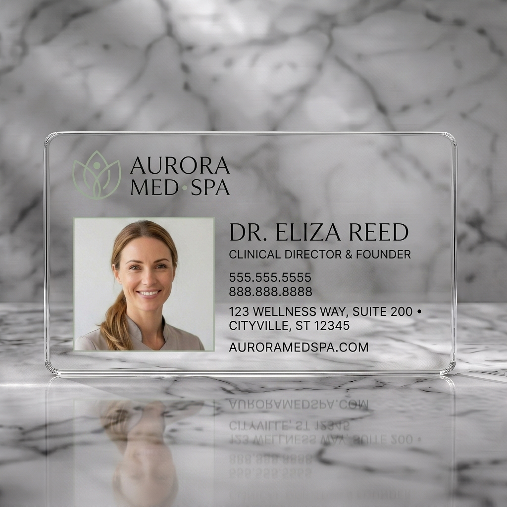 Clear plastic business card featuring professional med-spa design with photo, sage green lotus logo, crisp black/white typography