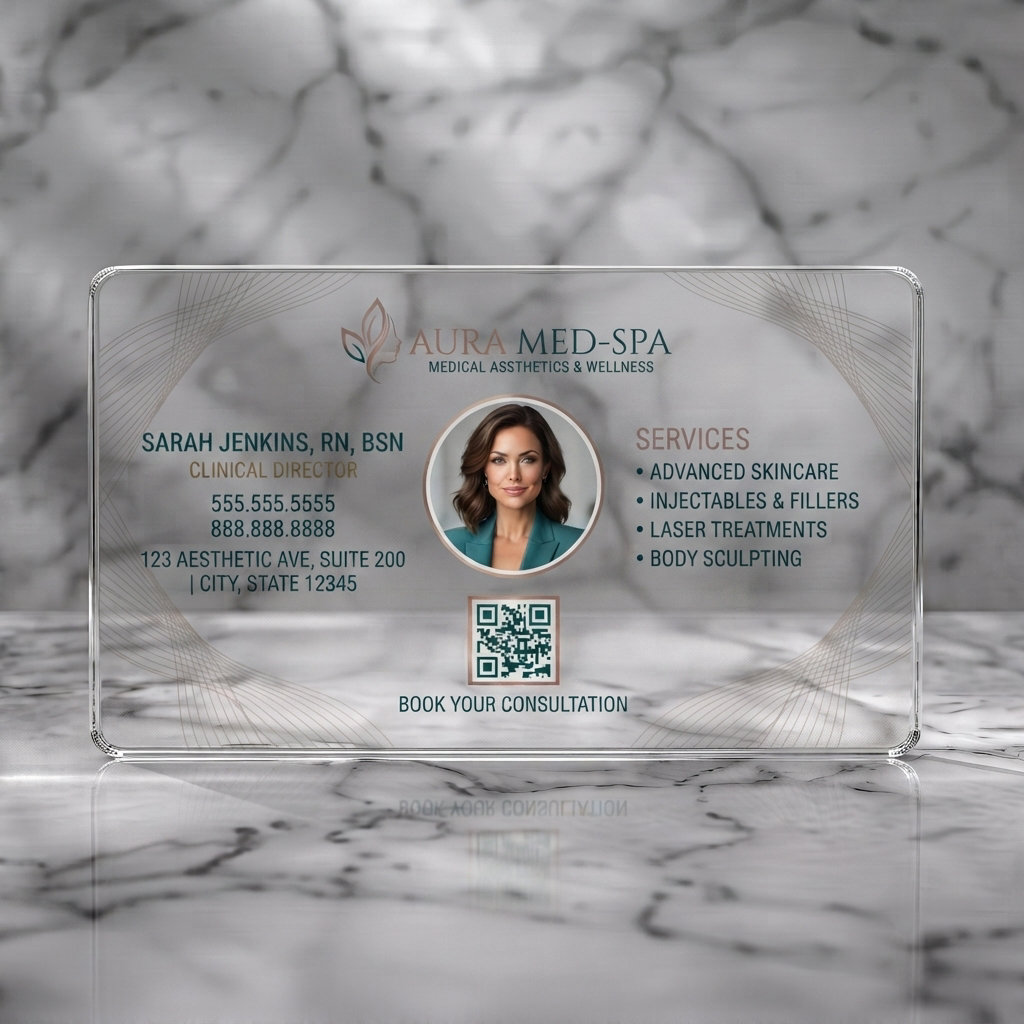 Clear plastic business card featuring elegant design with warm gold accents, a leaf logo, clean sans-serif typography, and QR code