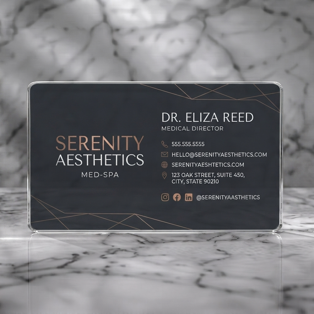 Clear plastic business card featuring modern design with charcoal and rose gold, geometric lines, sans-serif fonts, and social icons