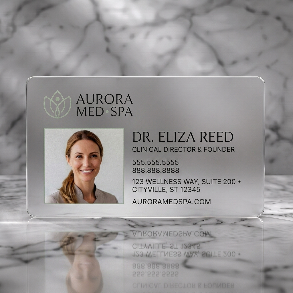 Frosted translucent plastic business card featuring professional med-spa design with photo, sage green lotus logo, crisp black/white typography