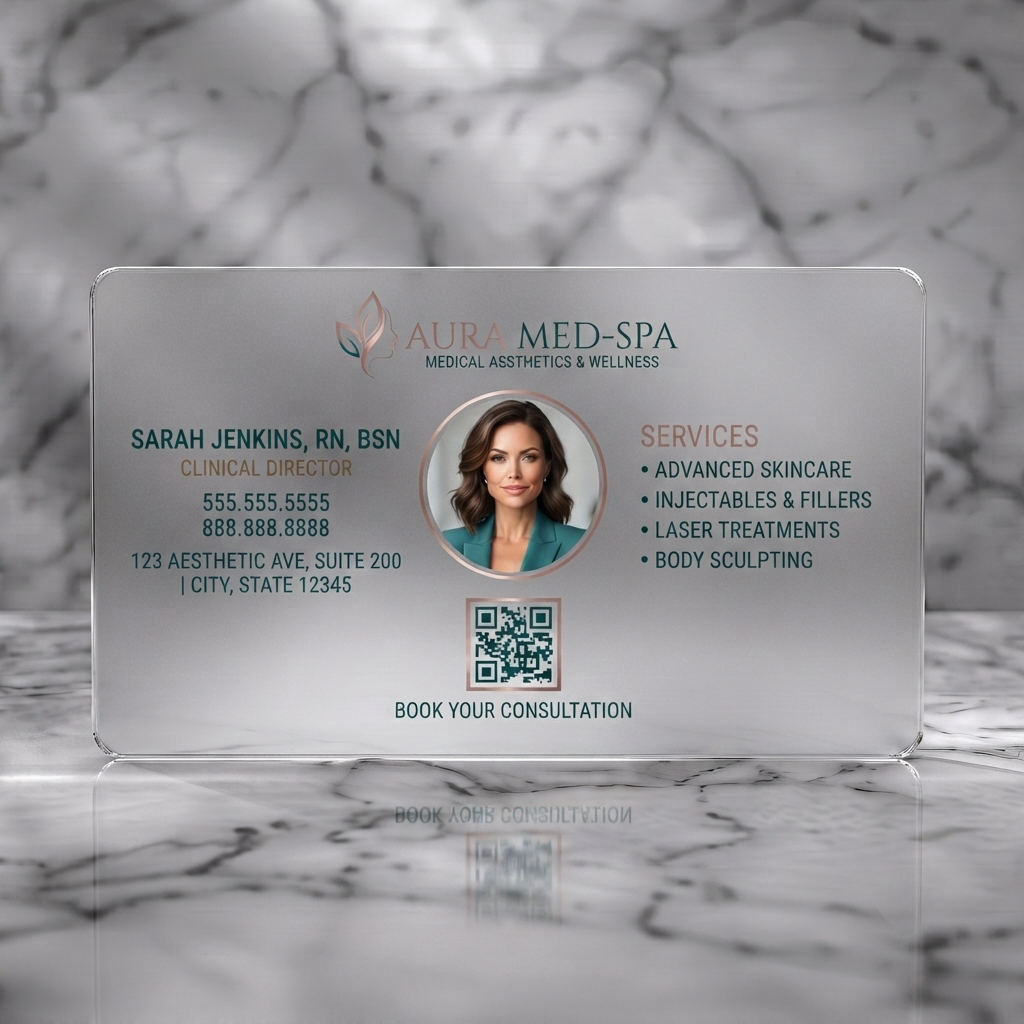 Frosted translucent plastic business card featuring elegant design with warm gold accents, a leaf logo, clean sans-serif typography, and QR code