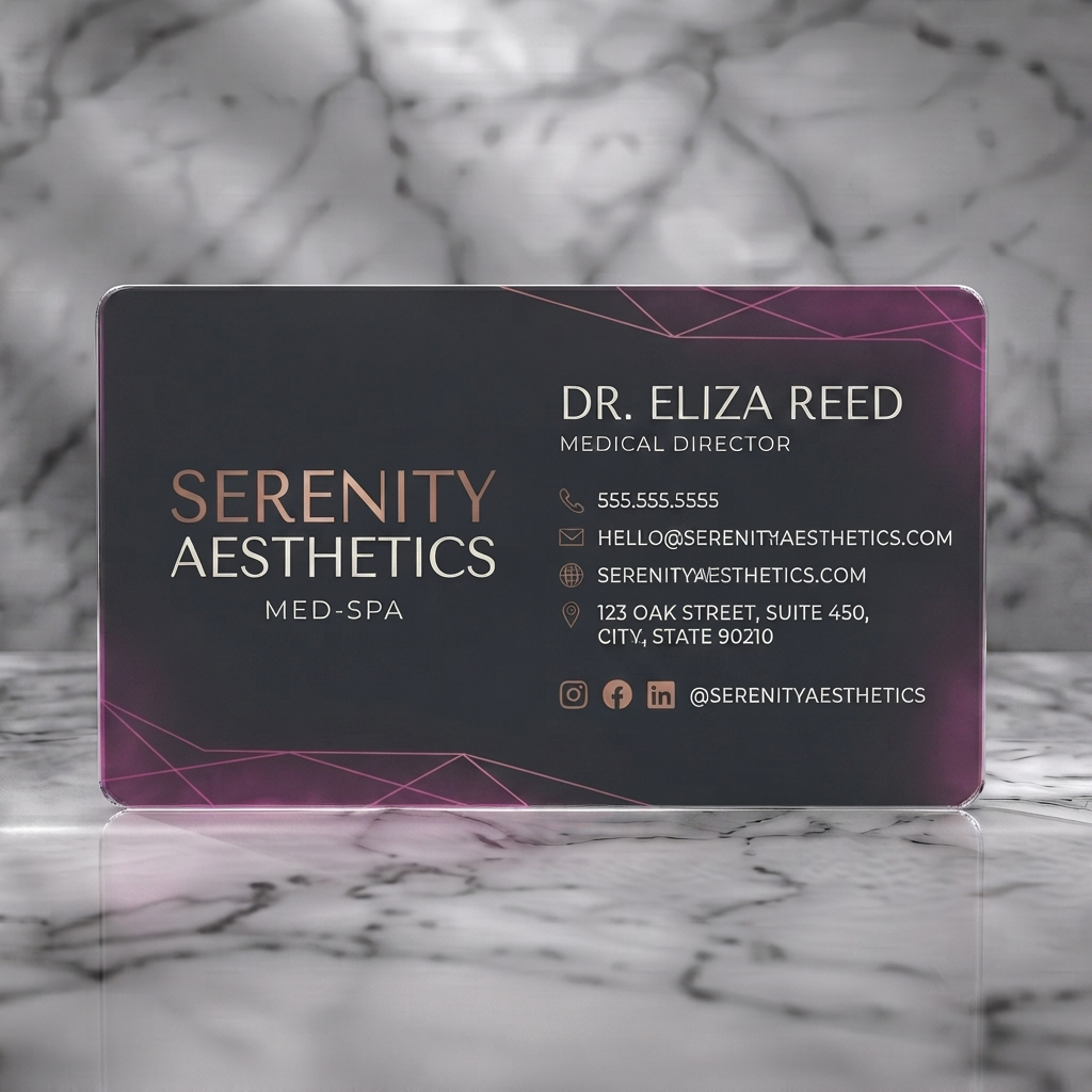 Frosted translucent plastic business card featuring modern design with charcoal and rose gold, geometric lines, sans-serif fonts, and social icons