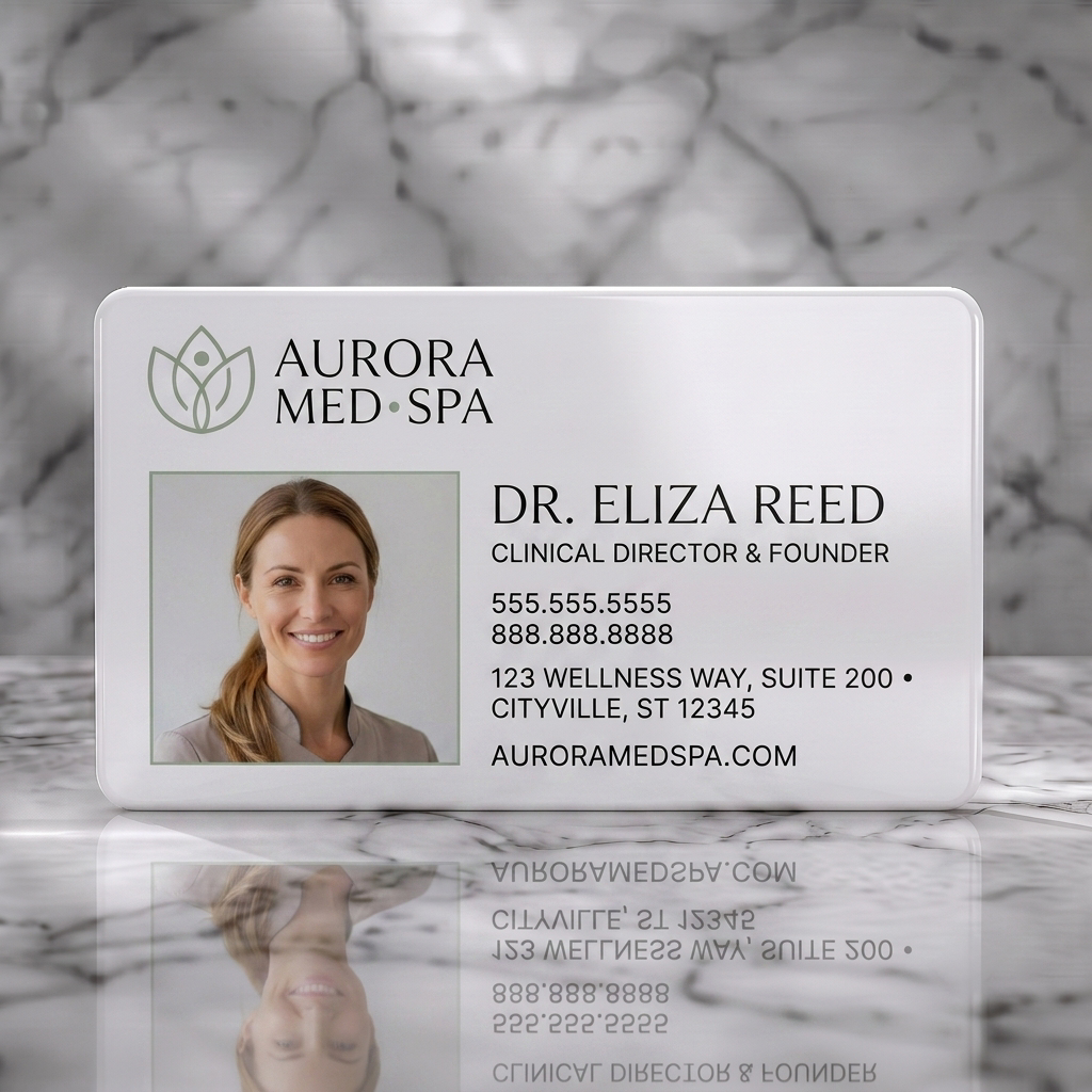 Solid white PVC business card featuring professional med-spa design with photo, sage green lotus logo, crisp black/white typography