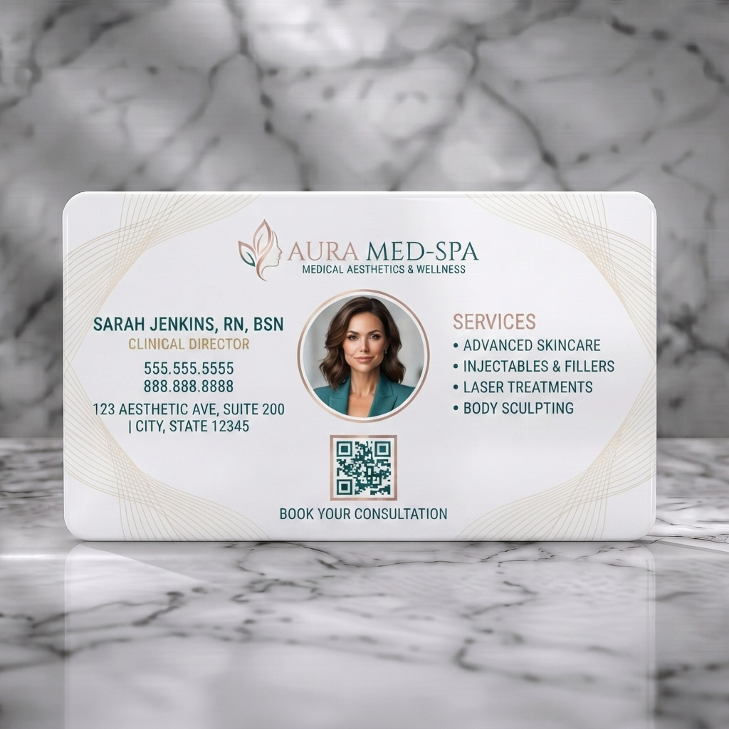 Solid white PVC business card featuring elegant design with warm gold accents, a leaf logo, clean sans-serif typography, and QR code