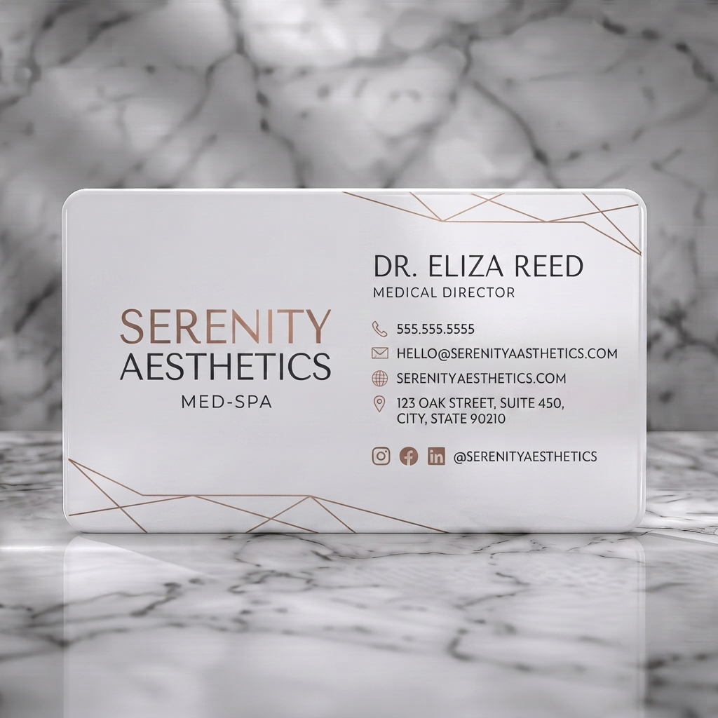 Solid white PVC business card featuring modern design with charcoal and rose gold, geometric lines, sans-serif fonts, and social icons