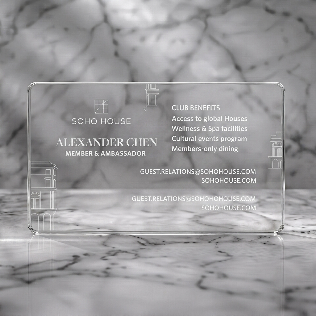 Clear plastic business card featuring white typography and architectural line art with an elegant grid logo and mixed serif/sans-serif fonts