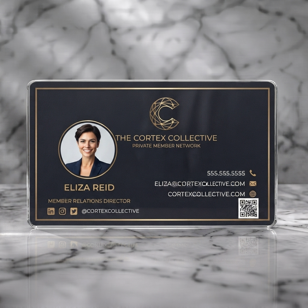 Clear plastic business card featuring elegant dark charcoal and gold design, geometric logo, professional sans-serif typography, and sleek icons