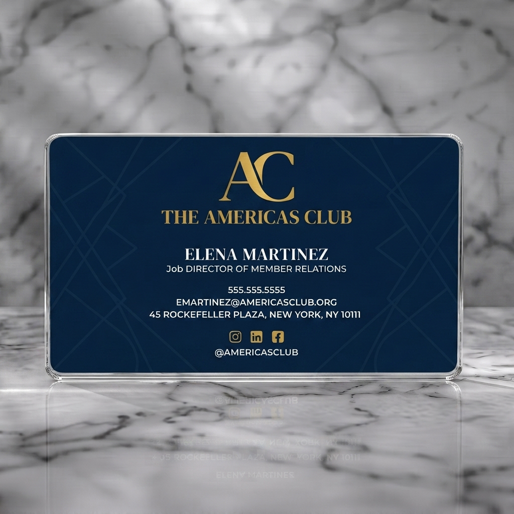 Clear plastic business card featuring elegant navy and gold design featuring geometric patterns, professional typography, and social icons