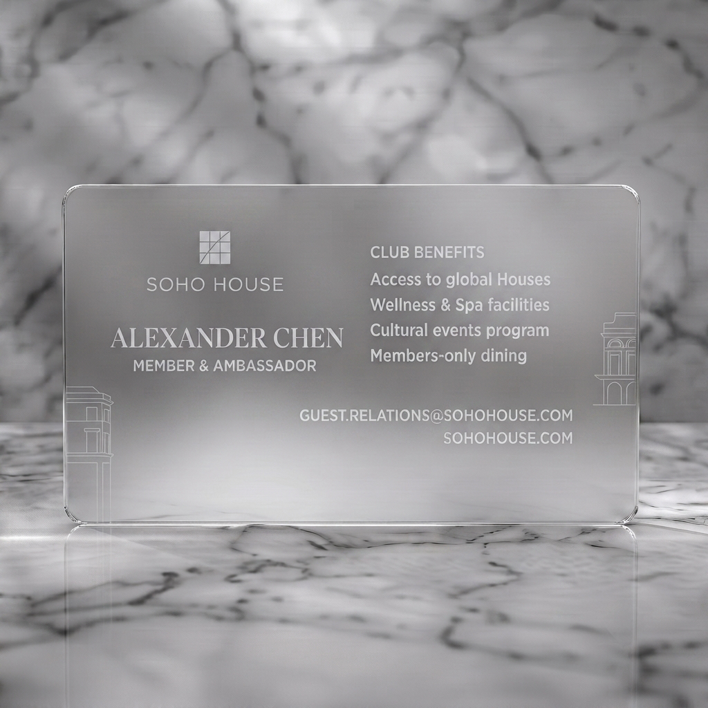 Frosted translucent plastic business card featuring white typography and architectural line art with an elegant grid logo and mixed serif/sans-serif fonts