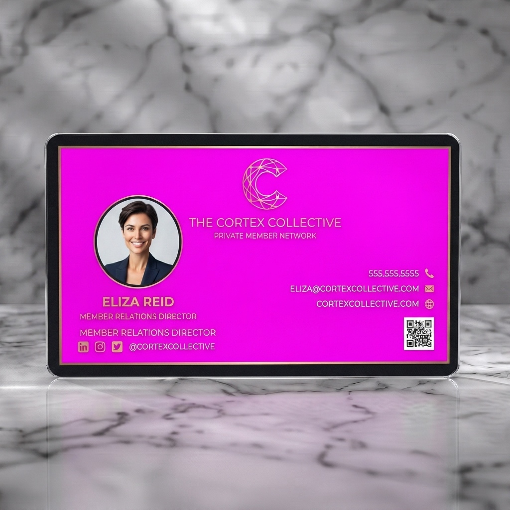 Frosted translucent plastic business card featuring elegant dark charcoal and gold design, geometric logo, professional sans-serif typography, and sleek icons