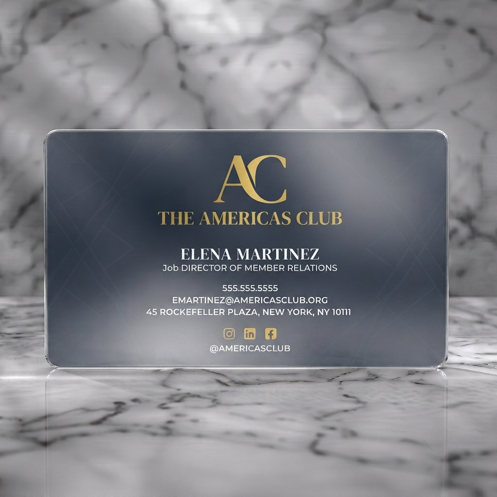 Frosted translucent plastic business card featuring elegant navy and gold design featuring geometric patterns, professional typography, and social icons