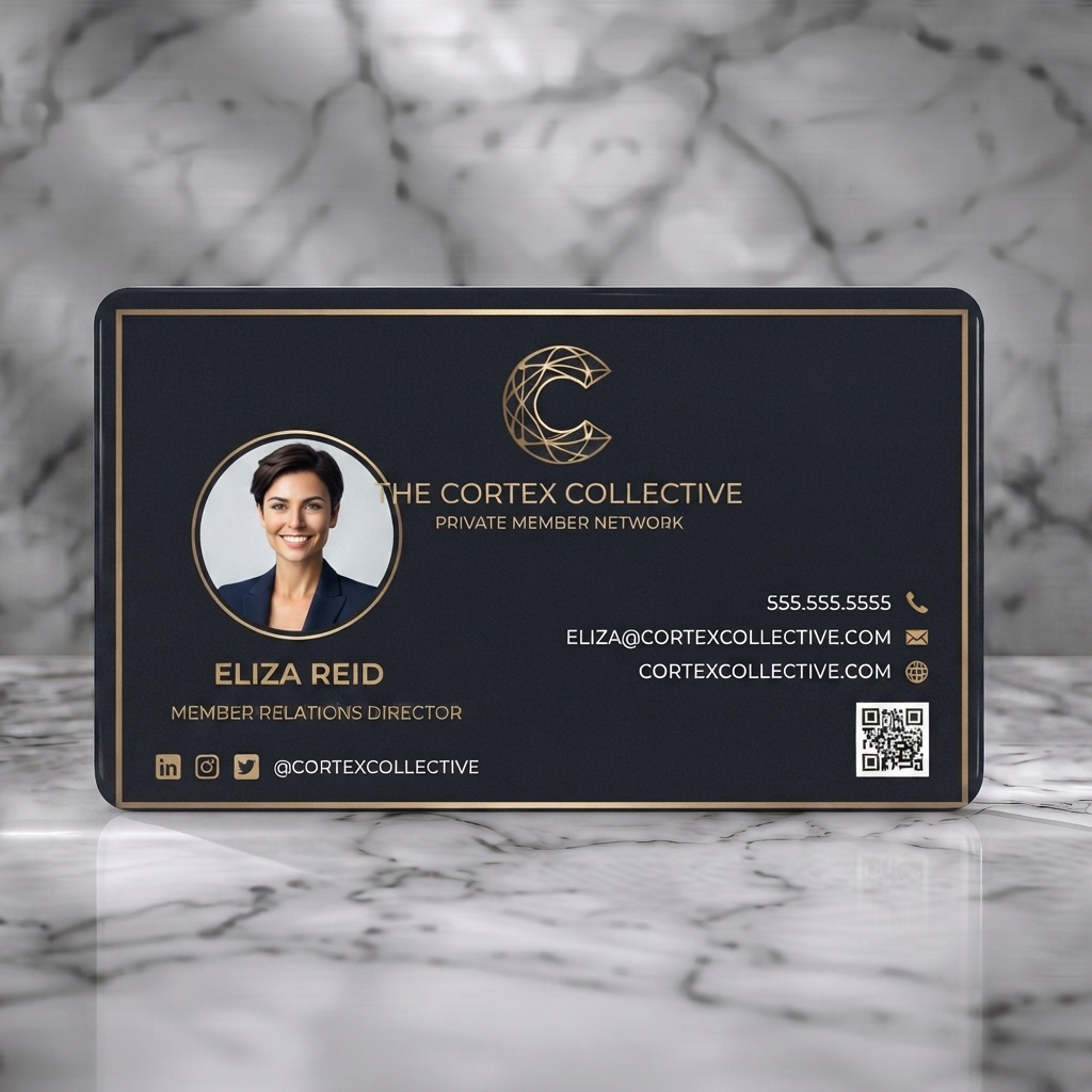 Solid white PVC business card featuring elegant dark charcoal and gold design, geometric logo, professional sans-serif typography, and sleek icons