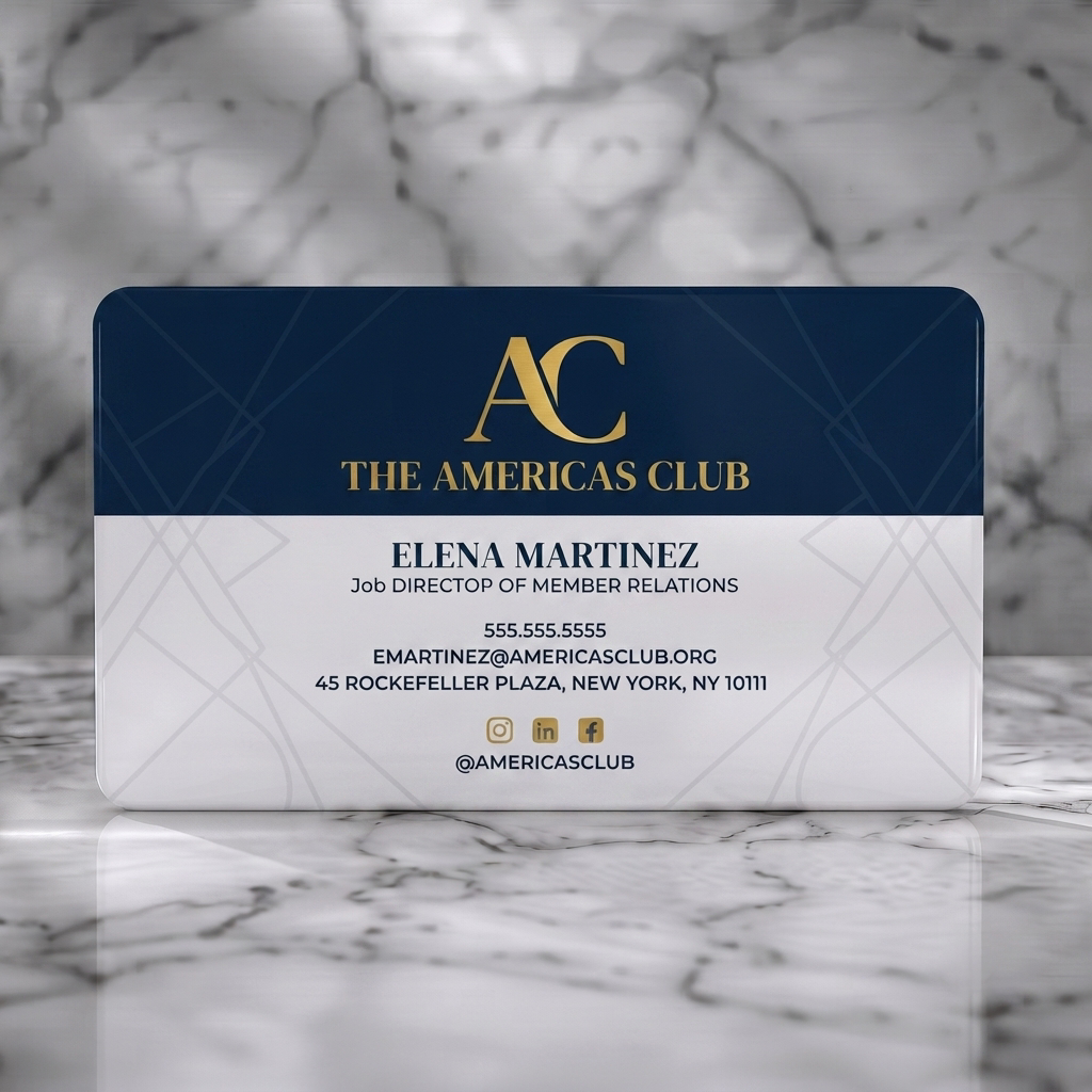 Solid white PVC business card featuring elegant navy and gold design featuring geometric patterns, professional typography, and social icons